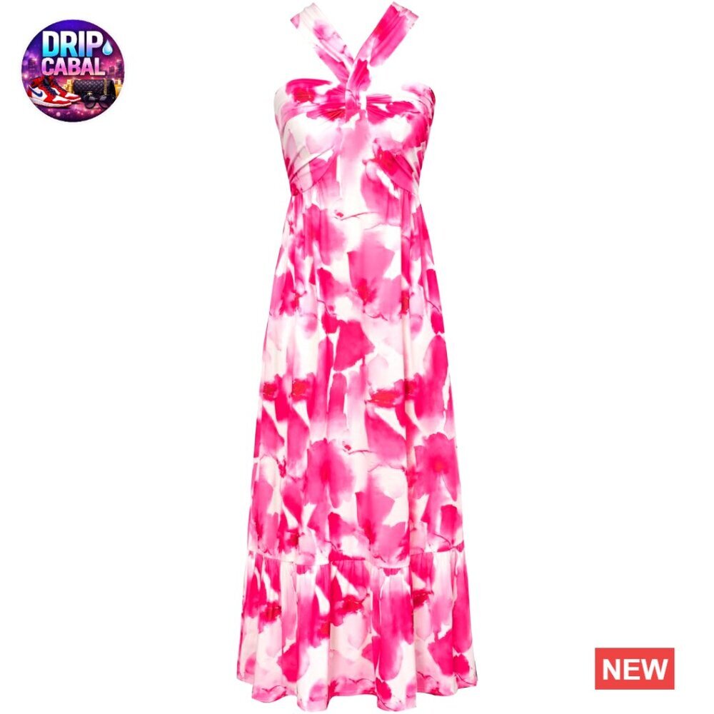 Polyester Elastane Maxi Dress Halter Sundress with Pocket Flowy